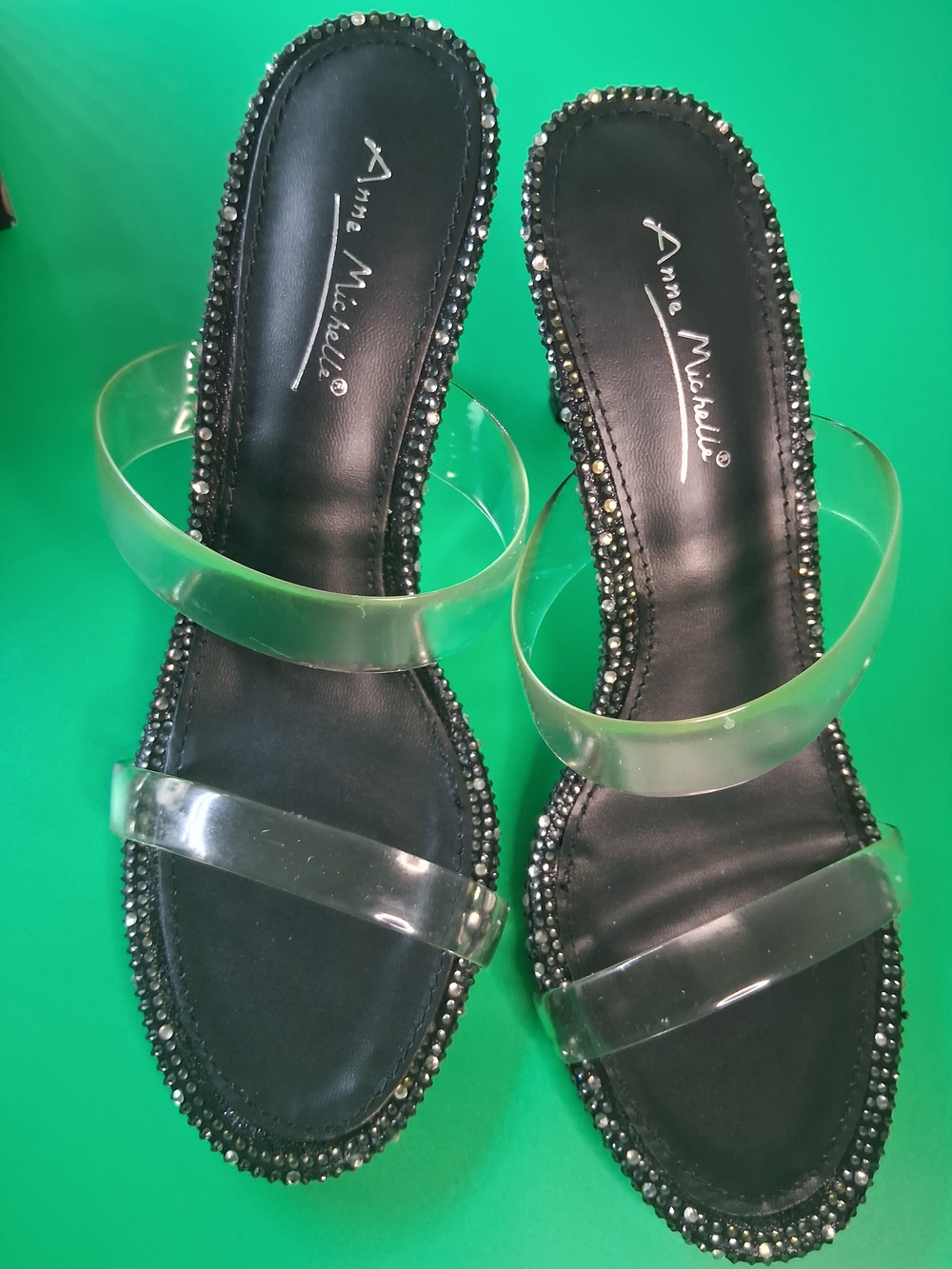 Anne Michelle Black Sandals with Clear Double Straps and Rhinestone Trim